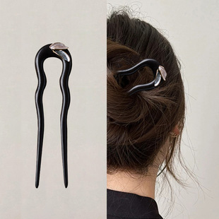 新中式发簪u形素雅端古风银色蓝色树叶黑檀木国风盘发簪子盘发女