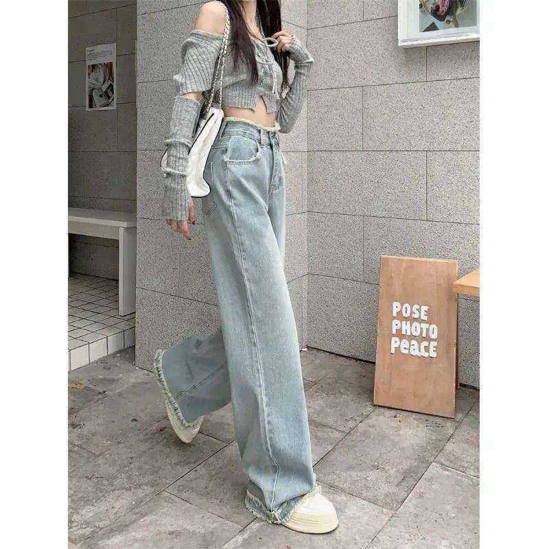 腰浅蓝色阔腿牛仔裤女春秋2025年新款宽松显瘦直筒垂感拖地裤子