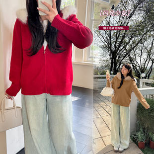 大码女装韩版气质新年红色毛衣开衫2026春氛围感毛领显瘦上衣潮流