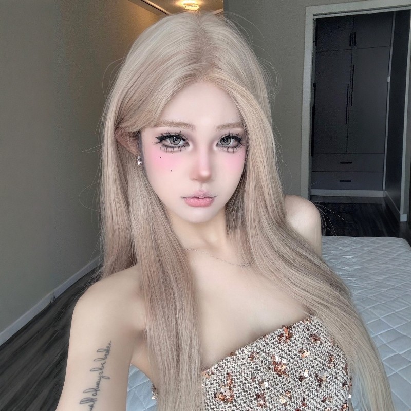 假发全头套女前额蕾丝款中分奶灰粉色长直发日常佩戴自然仿真人发