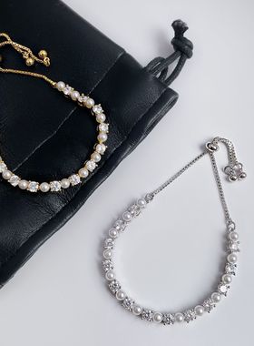 真金电镀精致锆石珍珠手链女轻奢小众级感抽拉式手环闺蜜手饰品