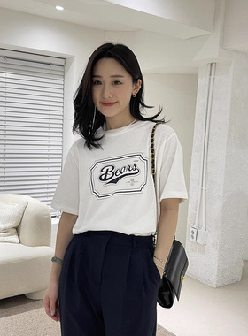 Glow Approac现H25夏款韩国东大门纯棉复古百搭字母印花短袖T恤女