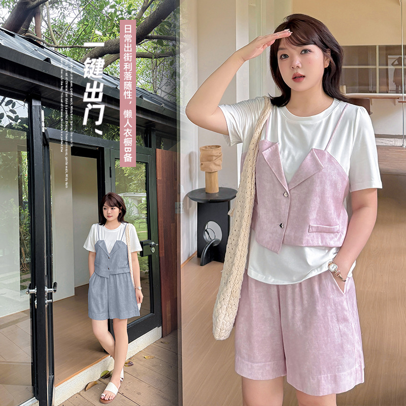 大码女装通勤假两件短裤套装女2025夏季新款凉爽遮肉两件套显瘦潮