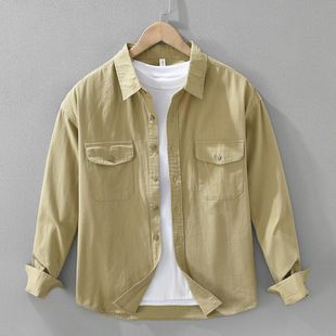 工装 宽松双口袋长袖 衬衫 纯棉休闲复古上衣时尚 暗条纹8935 男款 美式
