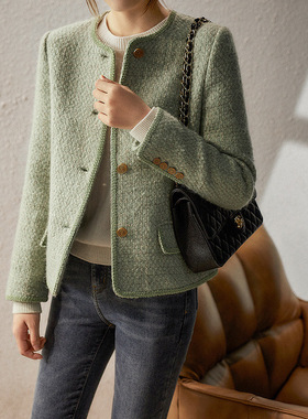牛油果绿色小香风重工花边门襟短款外套2025春直筒粗花呢羊毛上衣