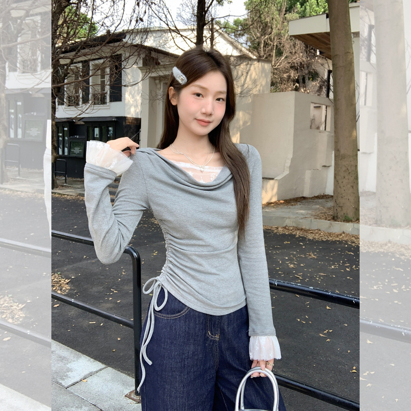 磨毛加绒荡领一字肩蕾丝假两件长袖T恤女秋季褶皱收腰打底衫上衣