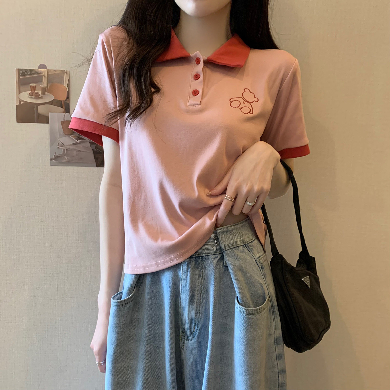 小红书超火粉色小熊撞色polo翻领短袖t恤女夏2023修身百搭上衣