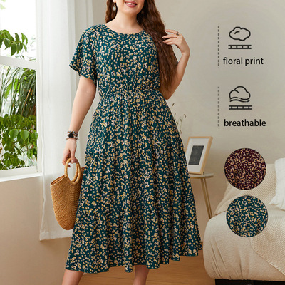 大码女印花裙子fat women's plus dresses printed short sleeve