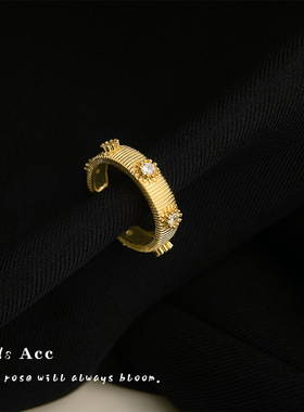 中古vintage花朵锆石戒指复古小众拉丝质感食指戒时尚古着指环