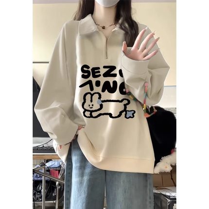 杏色polo领半拉链卫衣女春秋冬新款宽松加绒加厚oversize外套上衣