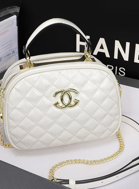 牛皮菱格手提包双层拉链小众百搭斜挎链条包小圆包风都市简约女包