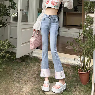 高端优质女士高腰国风微喇叭九分牛仔裤小个子中国结弹力微喇裤