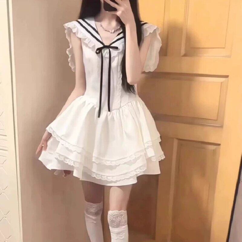 学院风海军领白色小个子连衣裙2025新款法式初恋蓬蓬裙收腰短裙潮