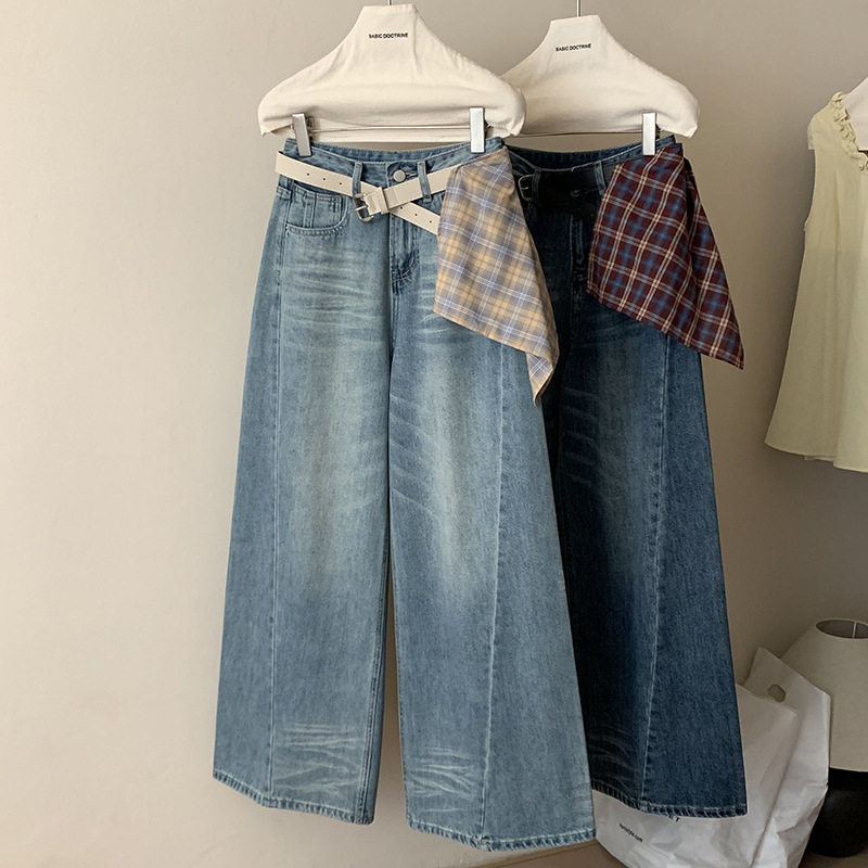 2026春新款格纹丝巾腰带斜缝垂感复古水洗百搭阔腿牛仔裤女0810,女装/女士精品,牛仔裤,淘宝优惠券,粉丝福利购,淘宝优惠卷