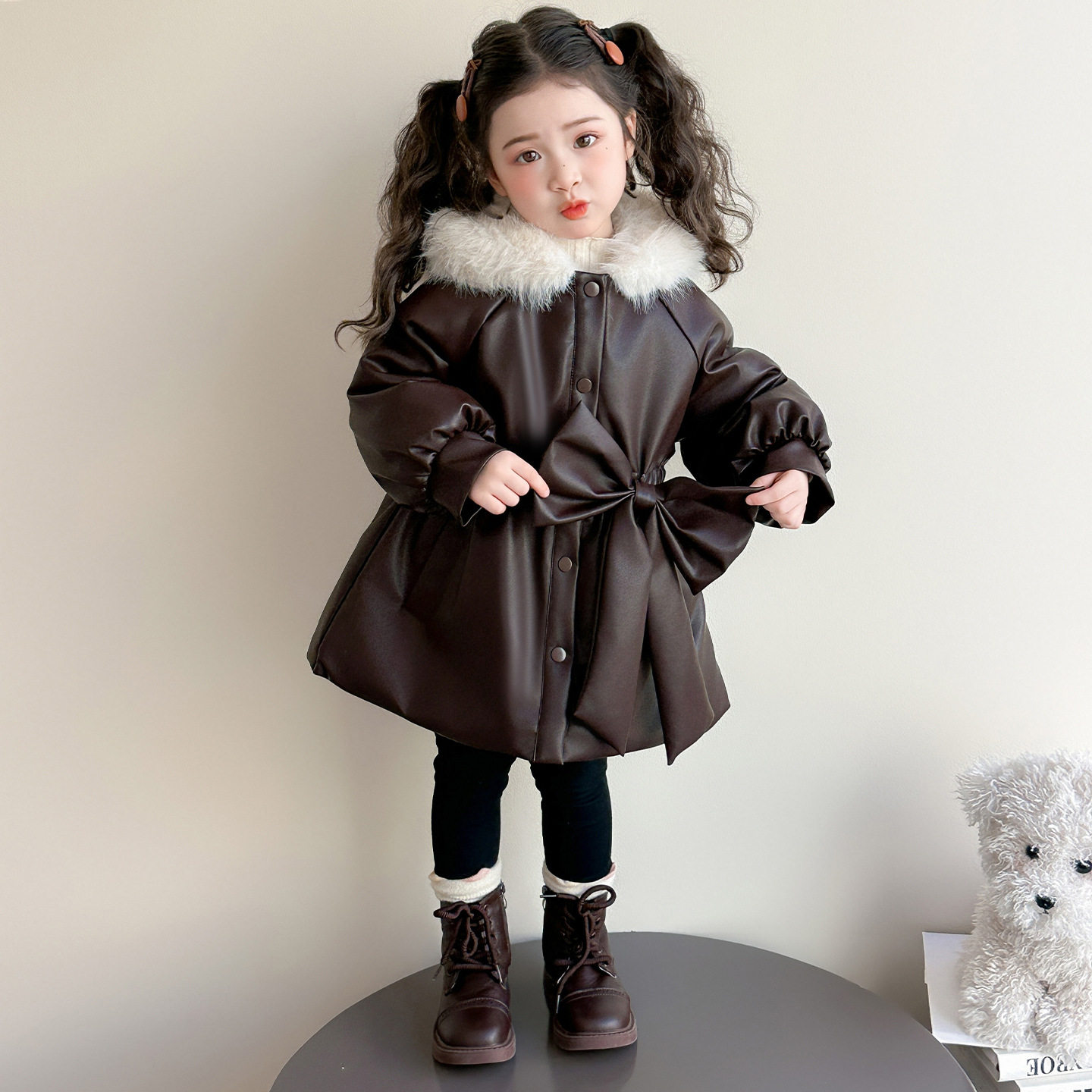 女童秋冬皮衣外套2025新款韩版女加绒连帽毛毛领蝴蝶结派克服P112，童装外套，祺妙童装