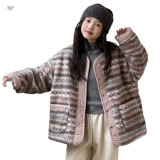 女童2025年秋冬新款小香风藕粉双面穿毛毛衣棉服女大童户外棉外套，童装棉衣，祺儿童装