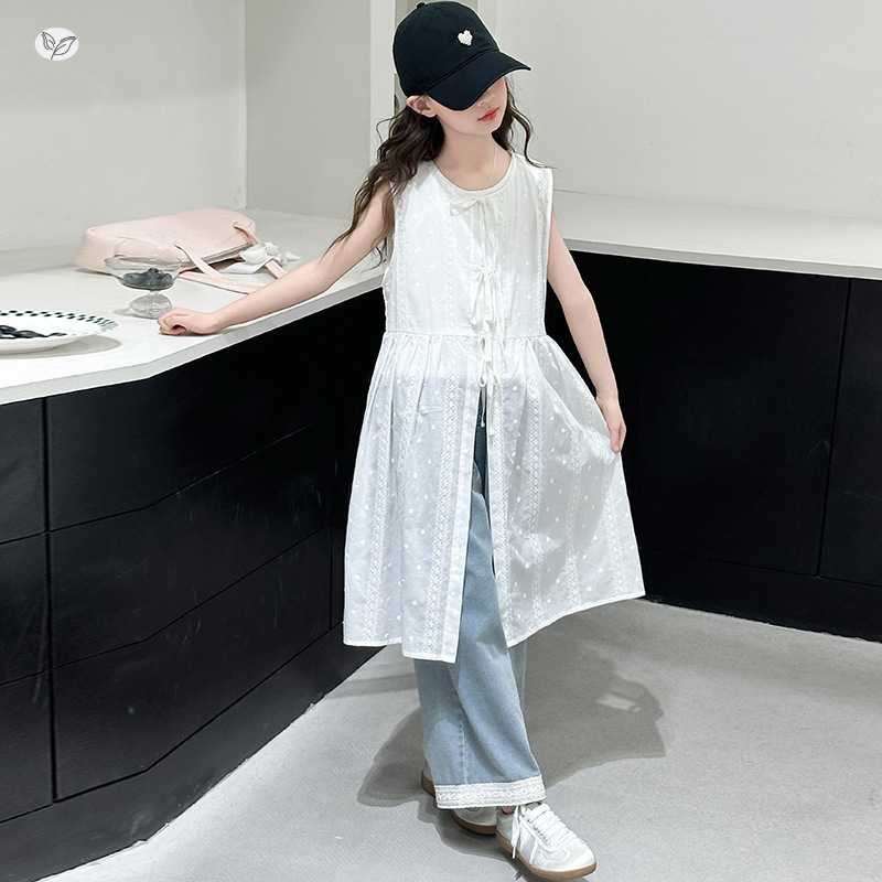 女童夏季套装2025新款韩系背心无袖连衣裙牛仔裤三件套中大童时髦，童装休闲套装，祺儿童装