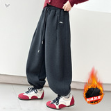 女童刺绣卫裤加绒2025年秋冬新款中大童休闲束脚裤宽松阔腿裤长裤，童装裤子，祺儿童装