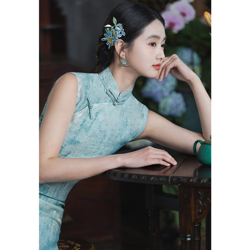 青绿色2026新款古法全开襟旗袍女新中式日常可穿素雅复古连衣裙