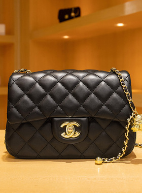 品牌轻奢女士方胖子菱格链条小香风钻球包肩斜挎包小方包锁扣女包