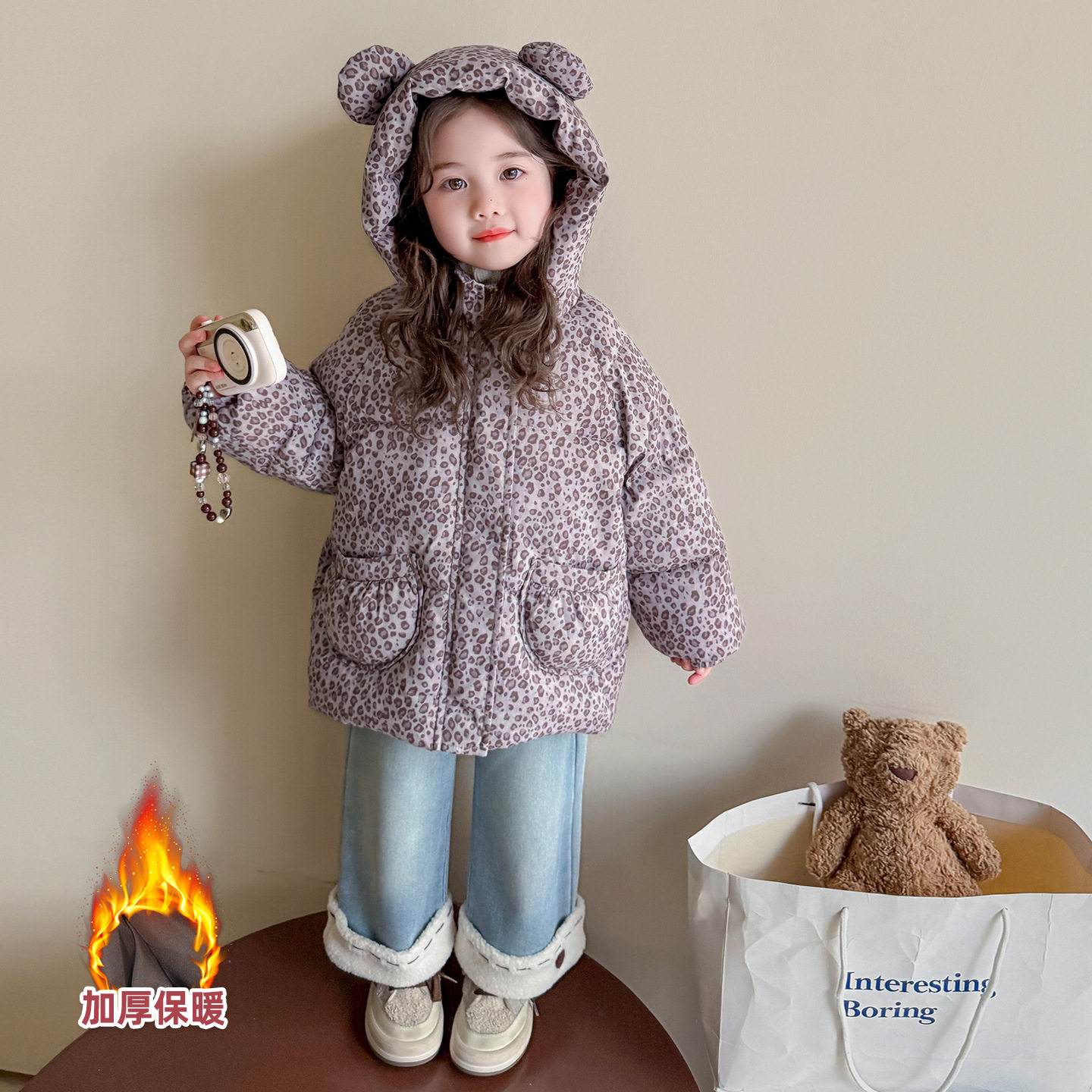 女小童豹纹连帽棉服冬季女加厚保暖冬装儿童洋气时髦棉袄外套P108，童装棉衣，祺妙童装