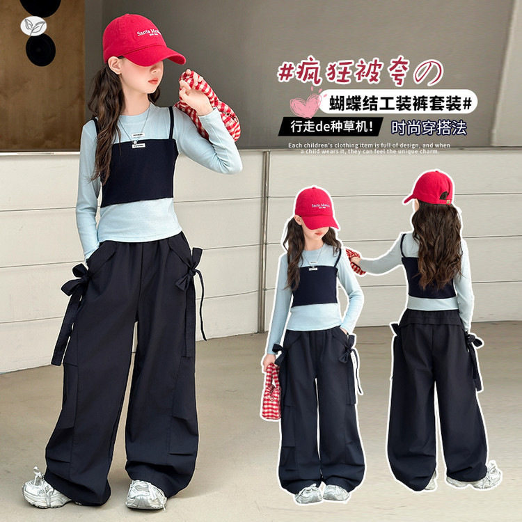 女童休闲套装2025秋季新款假两件打底衫蝴蝶结工装裤两件套中大童,商品下架区,祺儿童装