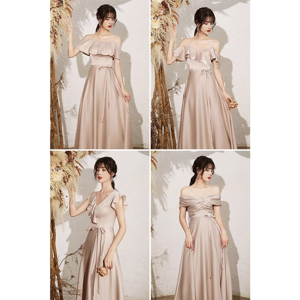 婚礼伴娘服简约大气2025新款级缎面夏季香槟色吊带礼服女连衣裙
