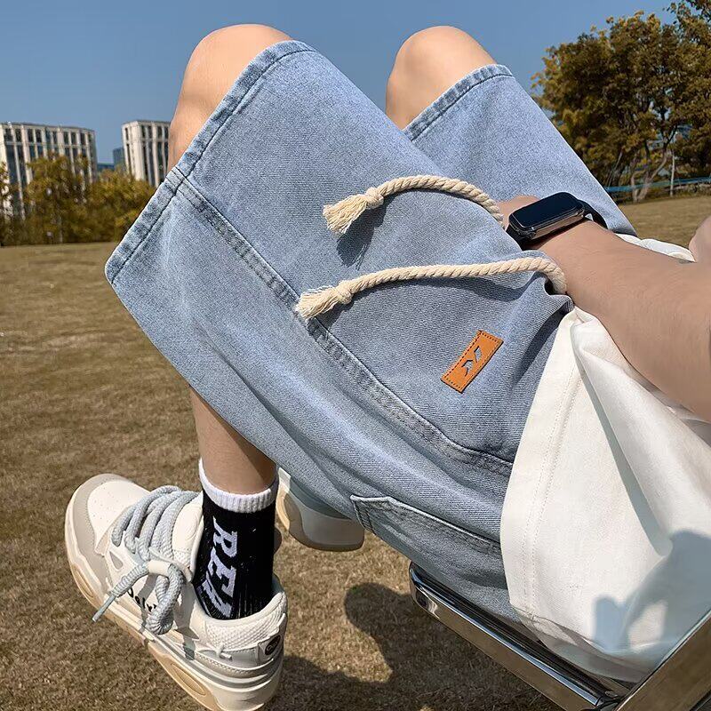 低腰男款青春流行牛仔短裤男夏季薄款宽松直筒五分裤抽绳休闲裤