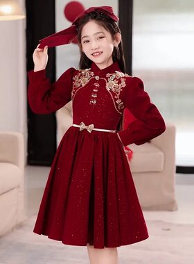 女童秋冬红色礼服连衣裙新款中大童拜年服儿童中国风新年服公主裙