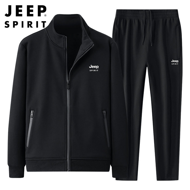 JEEP SPIRIT纯棉运动套装男春秋冬款加绒立领中老年休闲跑步服潮