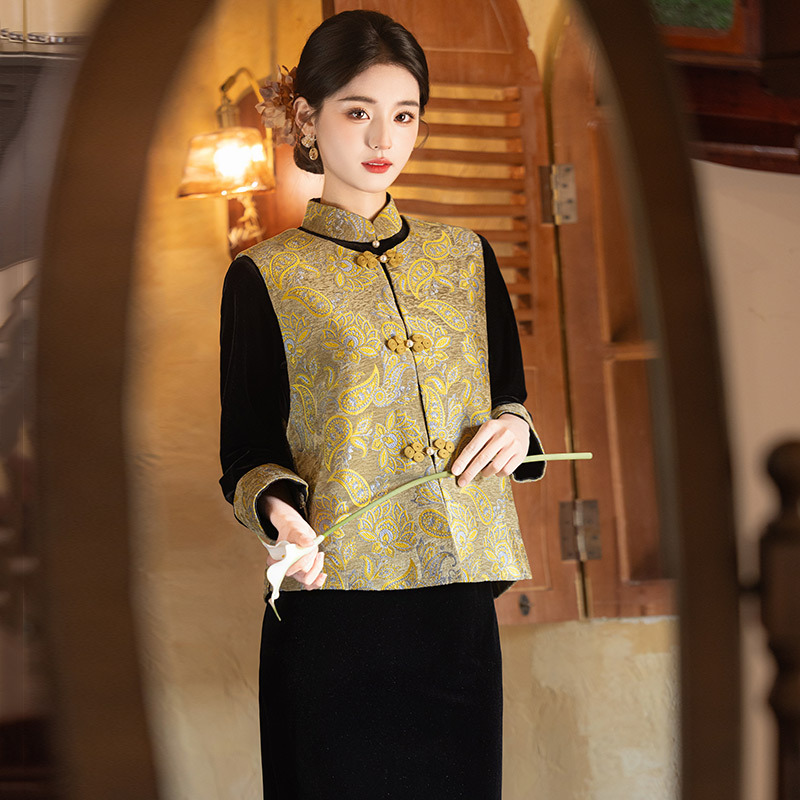 金色国风复古旗袍马甲套装立领盘扣金色花纹改良版气质女装秋冬款