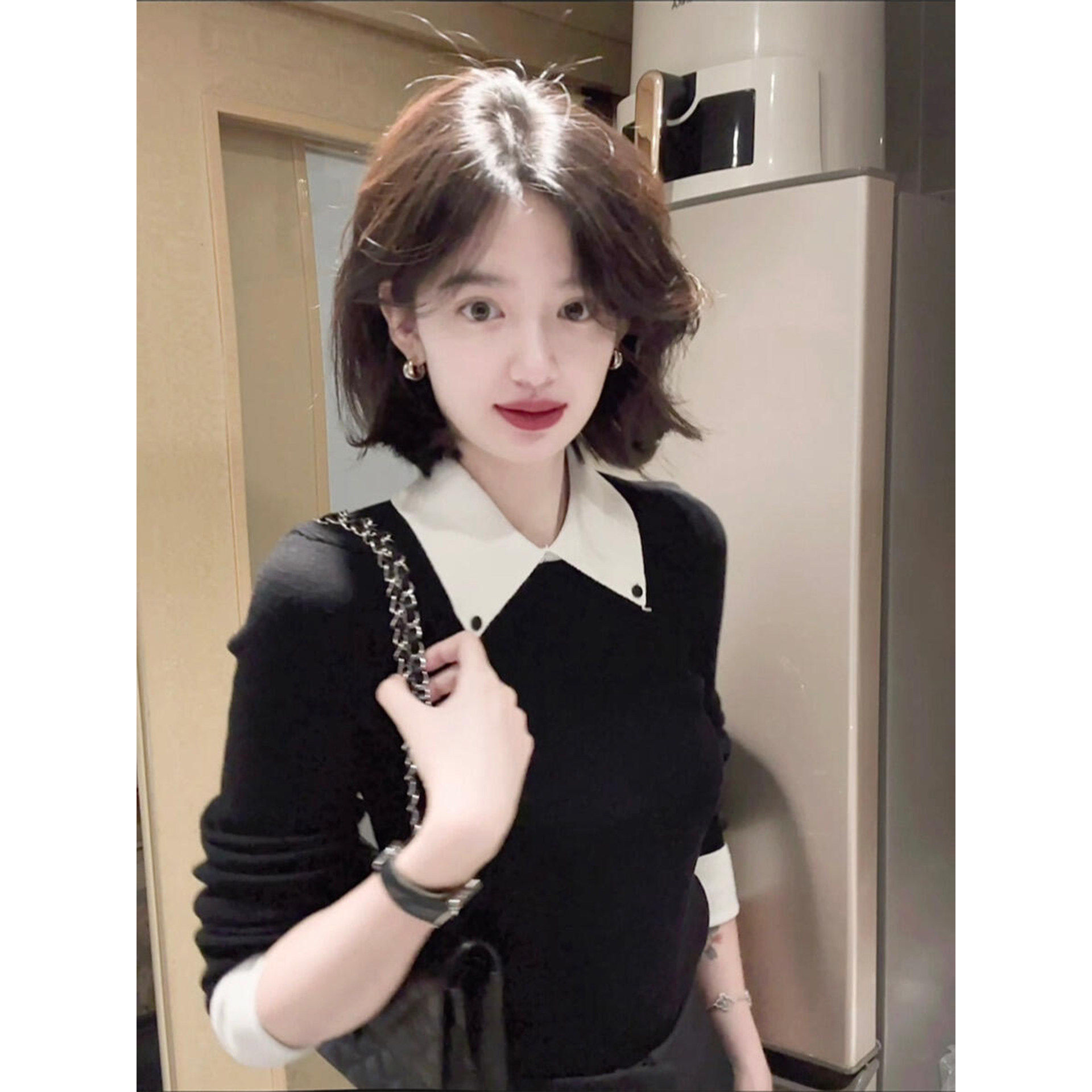 假两件撞色拼接针织衫法式Polo翻领长袖毛衣内搭女秋冬上衣打底衫,女装/女士精品,毛针织衫,淘宝优惠券,粉丝福利购,淘宝优惠卷