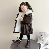 女童秋冬皮衣外套2025新款韩版女加绒连帽毛毛领蝴蝶结派克服P112，童装外套，祺妙童装