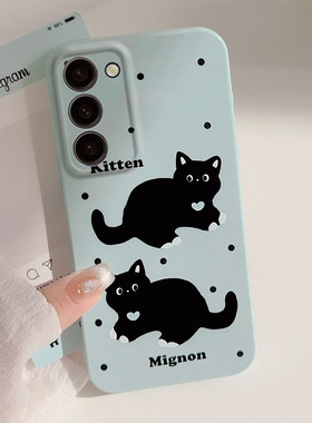 【三星】日韩蓝色黑猫薄荷绿波点猫咪手机壳S24ultra三星手机壳Galaxy系列A21S菲林硬壳卡通可爱动物夏天