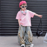 童短袖套装2025夏季新款牛仔裤阔腿裤工装裤烧花T恤上衣两件套，商品下架区，祺儿童装