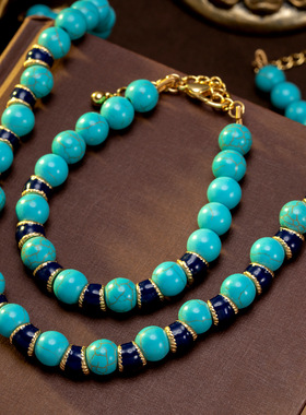 复古时尚串珠松石项链中古vintage蓝色珐琅民族新中式锁骨链手链