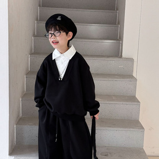 小杰家2025冬季新款男童学院风加绒加厚套装时尚休闲假两件套装