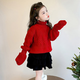 女童加厚毛衣冬季2025新款炸街儿童红色针织衫洋气冬装打底衫P74，童装毛衣，祺妙童装