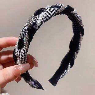 法式高级感发饰千鸟格麻花水钻珍珠发箍颅顶显脸小头箍防滑发卡子