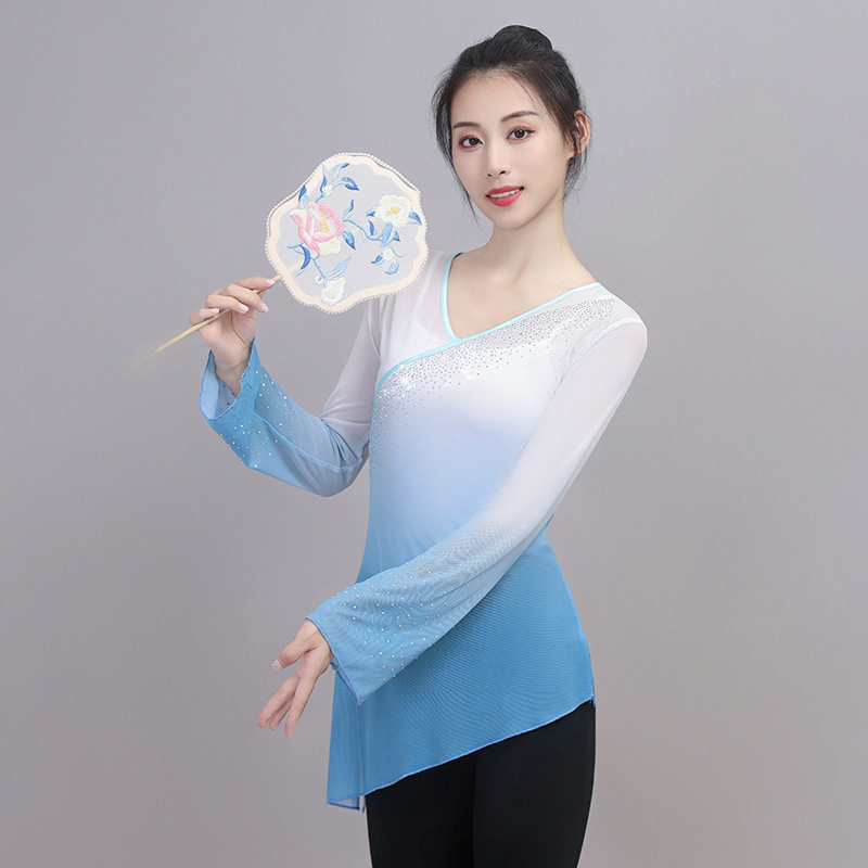 古典舞韵纱衣艺考舞蹈服渐变长袖中国舞基训服带钻身韵练功服上衣,运动/瑜伽/健身/球迷用品,古典舞服,淘宝优惠券,粉丝福利购,淘宝优惠卷