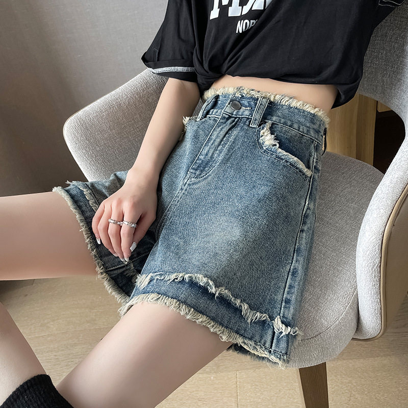 白色牛仔短裤女中长款夏季腰a字版宽松显瘦直筒毛边阔腿四分裤