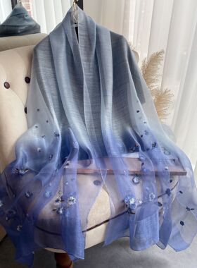 新中式桑蚕丝纱巾真丝羊毛围巾披肩女刺绣春秋夏季丝巾百搭民族风