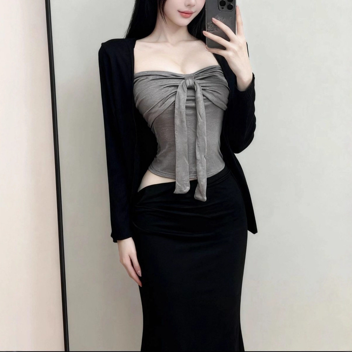 性感蝴蝶结吊带背心长袖开衫女秋季显瘦纯欲辣妹包臀半身裙三件套