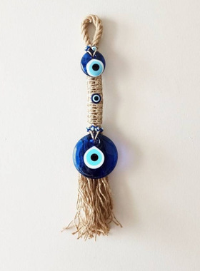 手工麻绳恶魔之眼玻璃挂件 土耳其蓝眼睛饰品 evil eye吊坠墙挂