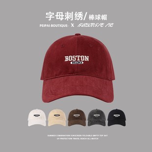 2024新款大头围韩版帽子女字母BOSTON棒球帽显脸小鸭舌帽遮颧骨