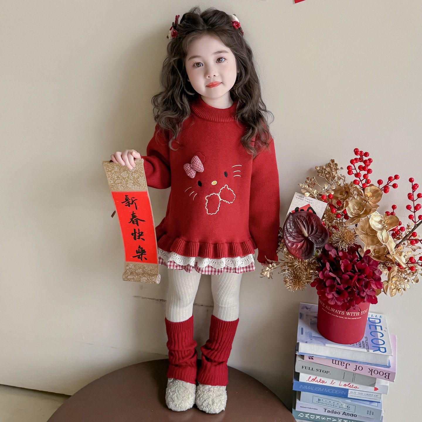 女童加绒毛衣冬季2025新款卡通女一体绒毛线衣冬装儿童针织衫，童装毛衣，祺妙童装