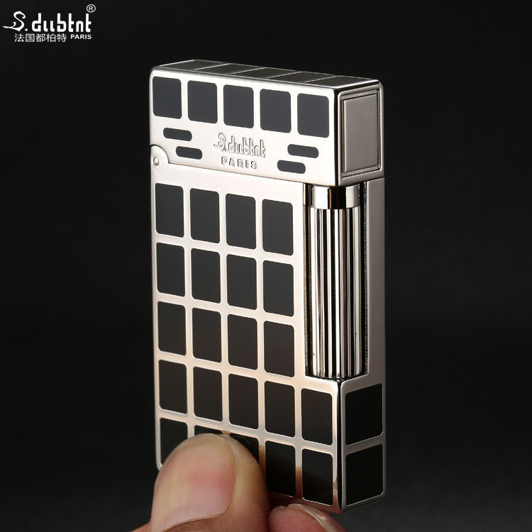 S.dubtnt都柏特正品整铜雕刻拨轮侧滑钢音响声朗声打火机银色格子