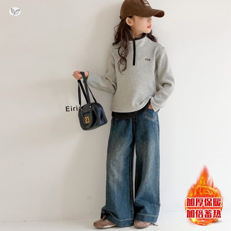 女童加厚保暖打底衫2025秋冬新款中大童撞色长袖体恤休闲内搭上衣，童装T恤，祺儿童装