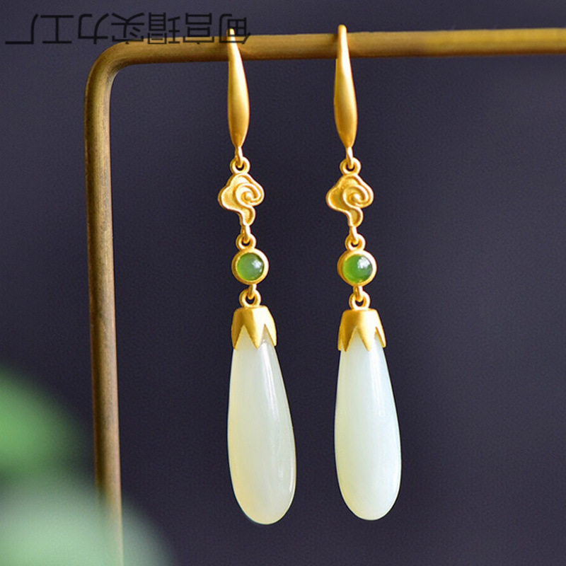 送女友【s925银天然和田玉大水滴耳环】白玉柱形耳饰宫廷气质耳坠