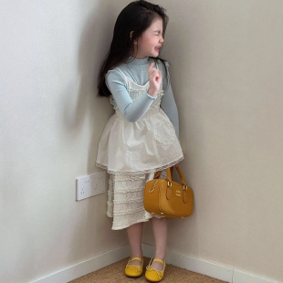 2026春夏新款韩系蕾丝花边抽绳长袖吊带裙女童叠穿好看背心连衣裙